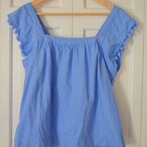 J.Crew Factory Blue Square-neck Top in Cotton Poplin with Pom-poms Size 8